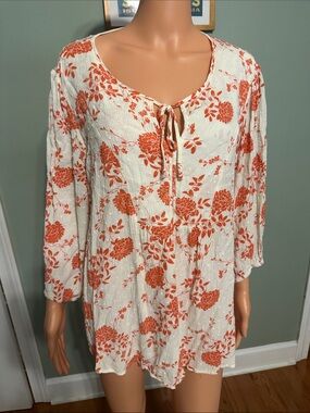 Cream Top with Coral Floral Print and Tie Detail